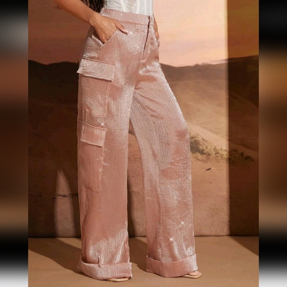 Sheer Chiffon Wide Leg Cuffed Cargo Pants With Rhinestones - Picture 3 of 5